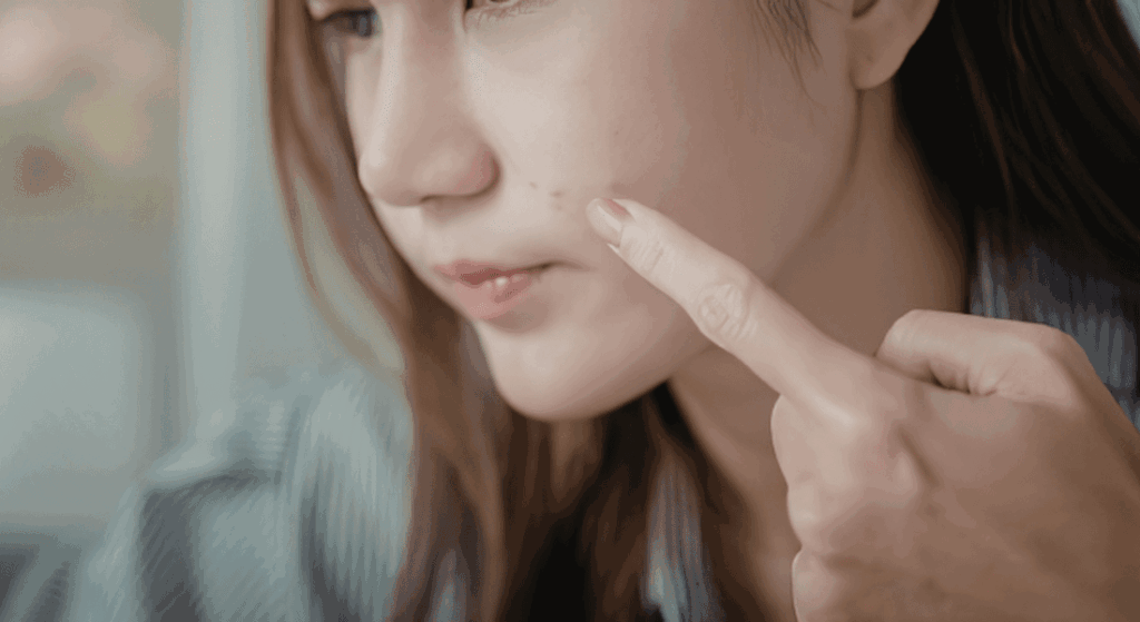 思春期用の強いケアを避け、潤いでお肌を柔らかくほぐす育みのケアを実践し、お肌の状態を確かめながら前向きに大人世代の吹き出物ケアに取り組んでいる女性の様子|アーバンコスメ